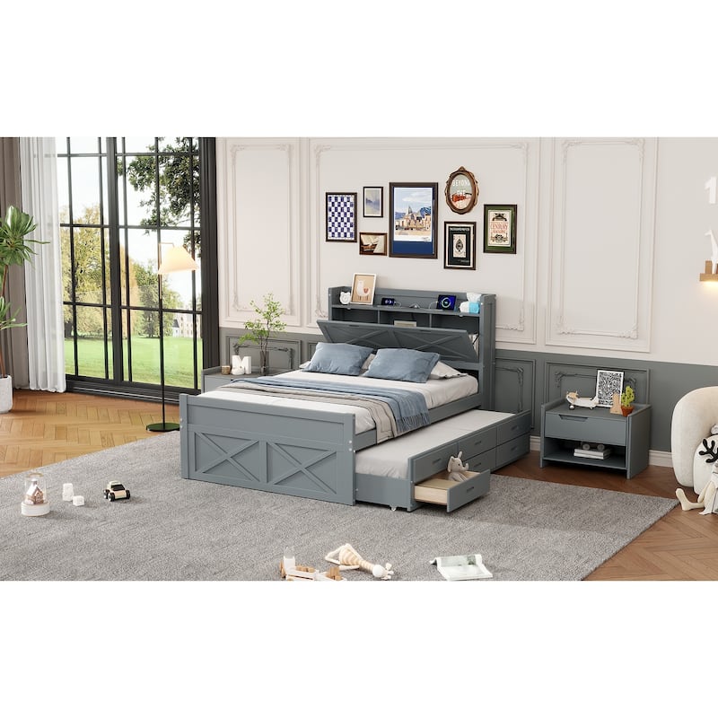Full Size Wooden Bed with Storage Headboard, Extendable with Twin Trundle and Drawers, Gray