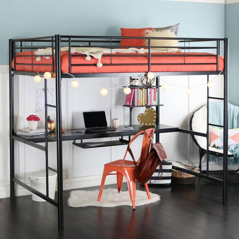 Walker Edison Abner Full Metal Black Loft Bed with Desk - Black