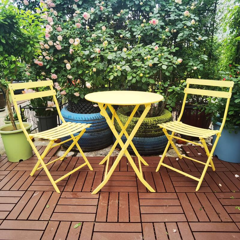 Modern 3 Piece Patio Bistro Set w/ Foldable Round Table and Chairs