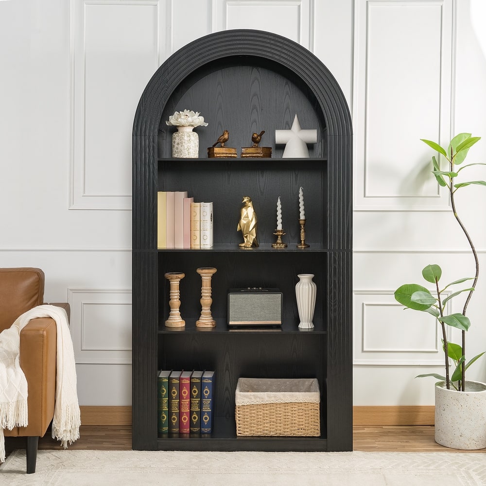 78.74" Mid-Century Modern 4-Tier Tall Arched Storage Bookcase with Open Display Shelf.