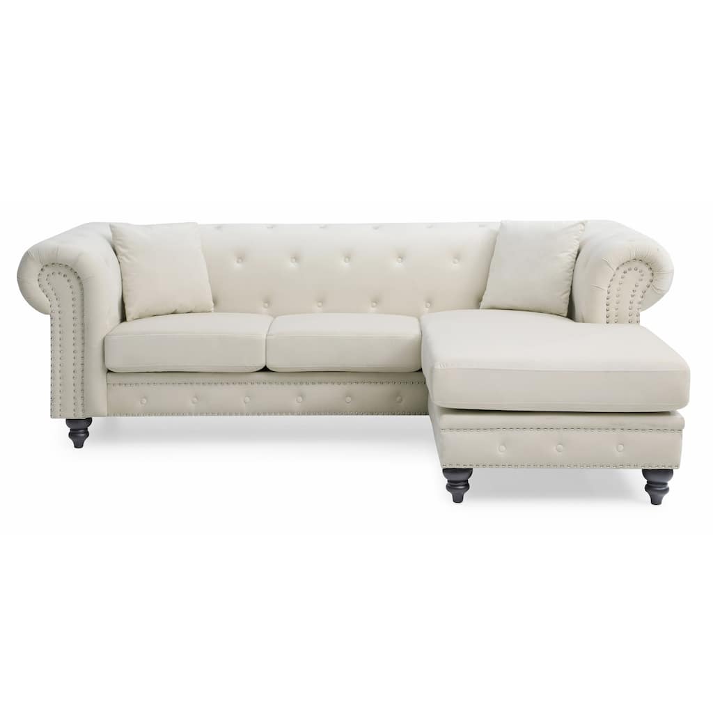 Tufted Velvet 3-Seater Sectional Sofa with Throw Pillows - 98" - Cream