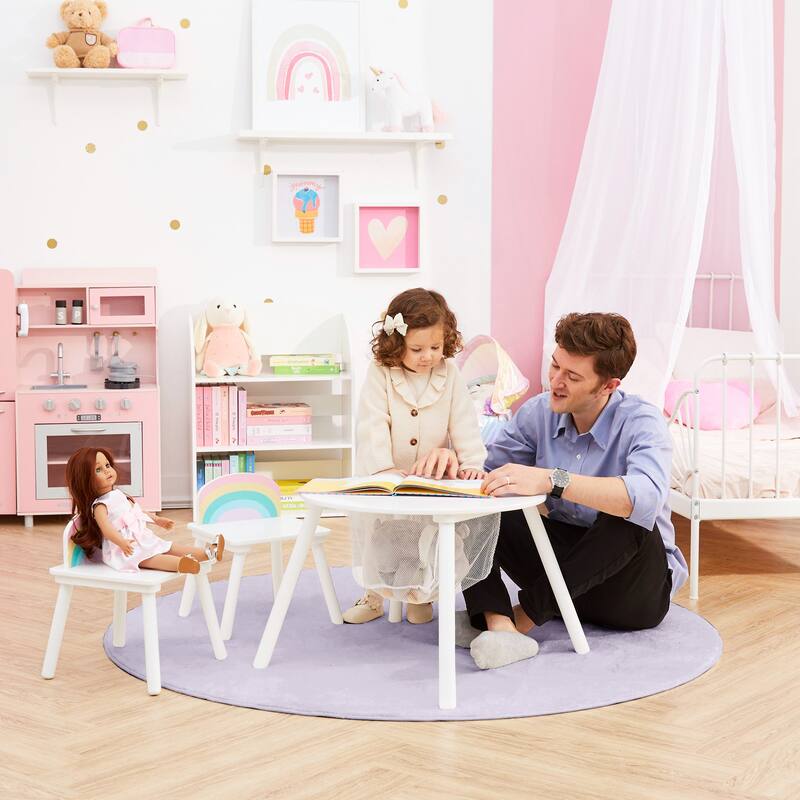 Rainbow Fishnet Play Table & Chairs Kids Furniture - White - 32.25"L x 32.25"W x 17"H