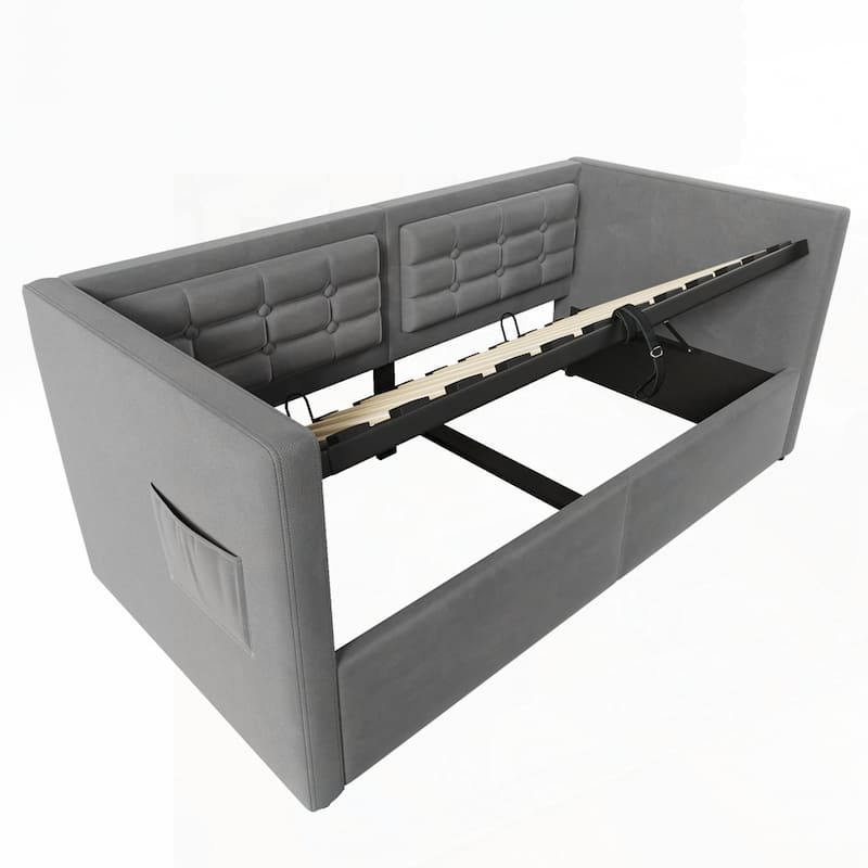 Hydraulic Storage Twin Bed Frame with Wooden Slats and Tufted Sofa Back