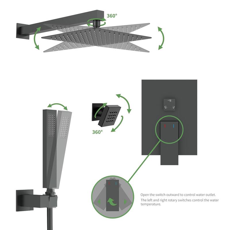 12" Wall Mount Rainfall 3 Way Thermostatic Faucet Shower System with Slide Bar, 6 Jets