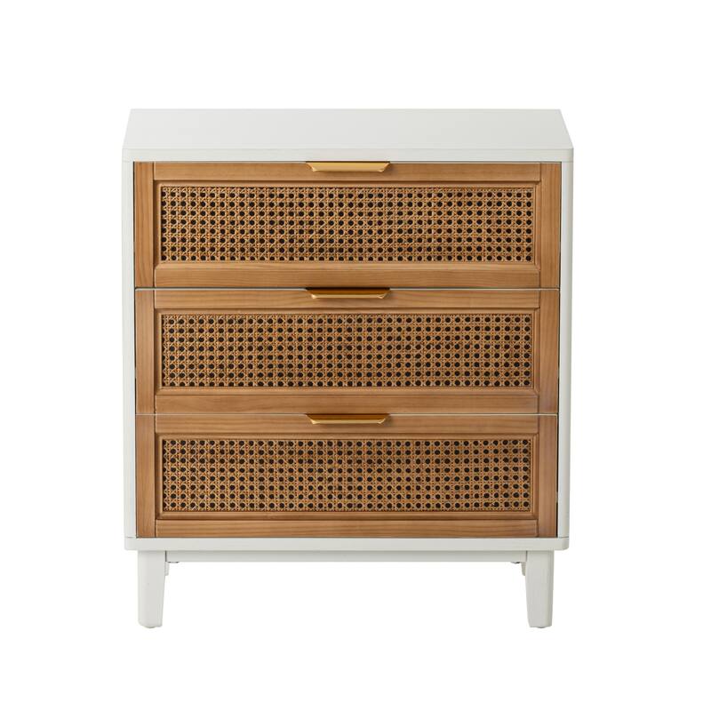 COZAYH Farmhouse 3-Drawer Nightstand, Rattan Cane Front Accent Dresser for Living Room, Bedroom