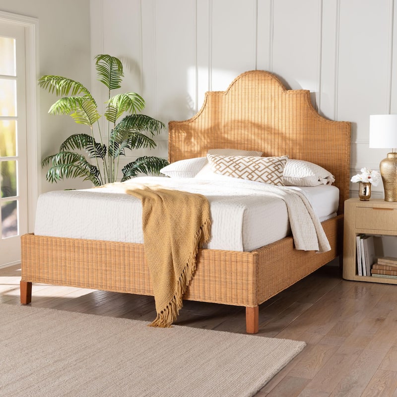 Melanie Natural Rattan Bed - Coastal Boho Bed Frame with Scalloped Headboard