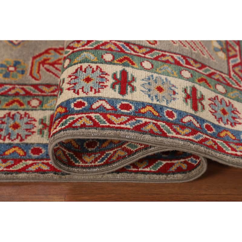 Geometric Brown Kazak Oriental Area Rug Handmade Wool Carpet - 4'0" x 5'10"