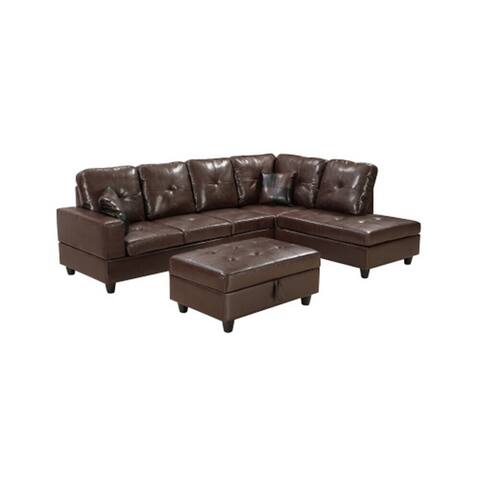 3-piece Sectional Sofa Set, Faux Leather Left/Right Facing Chaise Sofa with Free Storage Ottoman