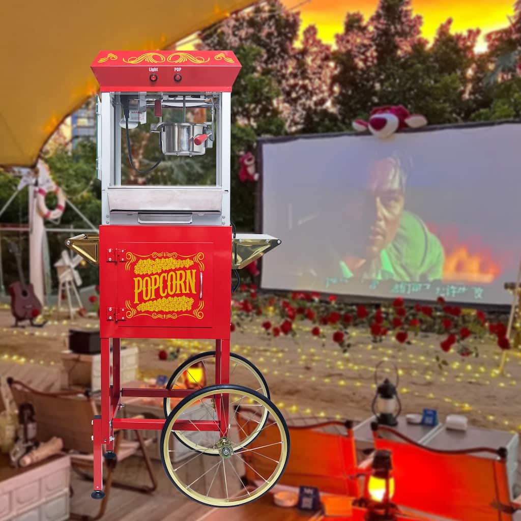 Popcorn Machine with Cart - 8oz Popper with Stainless-steel Kettle, Heated Warming Deck, and Old Maids Drawer