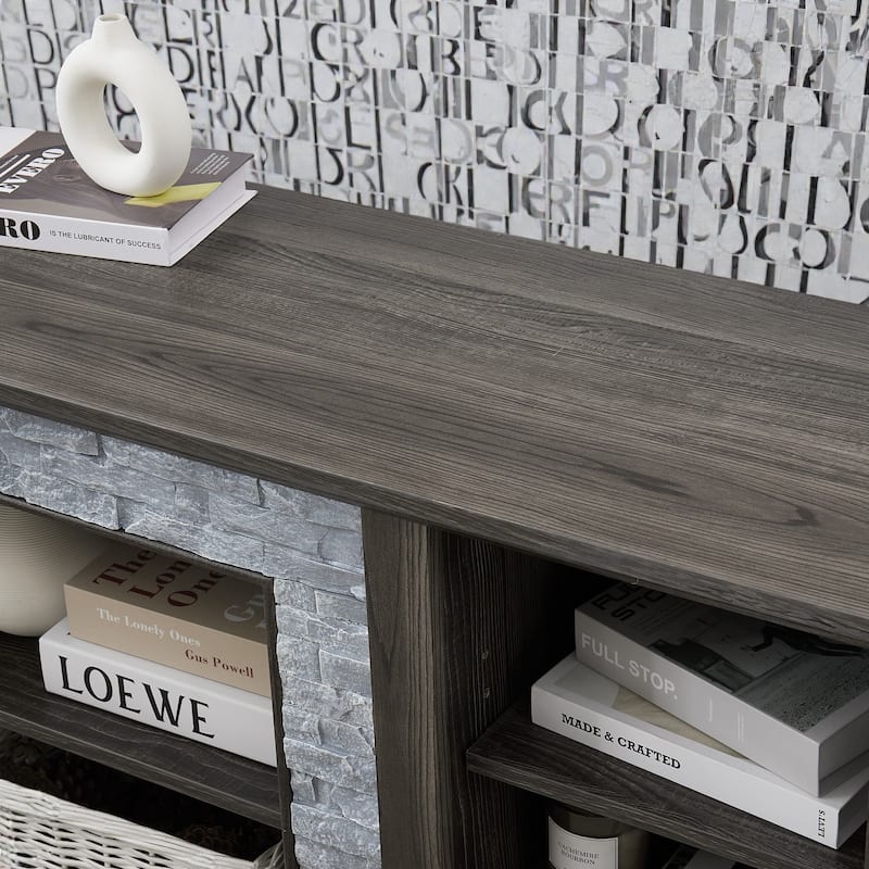 58 Inch Mantel Stone TV Stand for TVs up to 65 Inch, Media Console with Faux Stacked Stone Surround and Open Storage