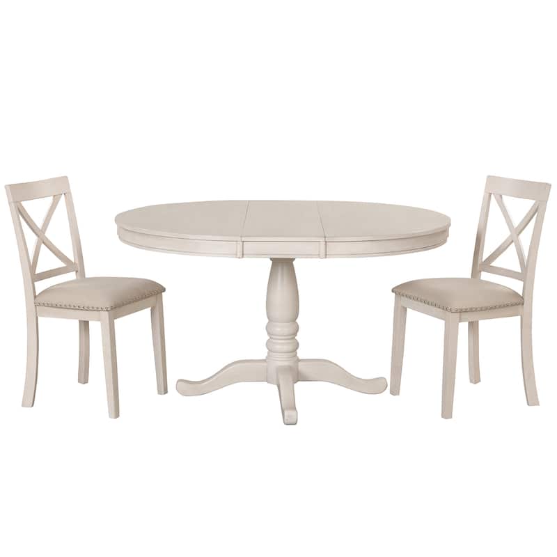 5 Piece Wood Dining Table Set, Kitchen Dining Table Set with Extendable Round Dining Table and 4 Chairs with Backrest