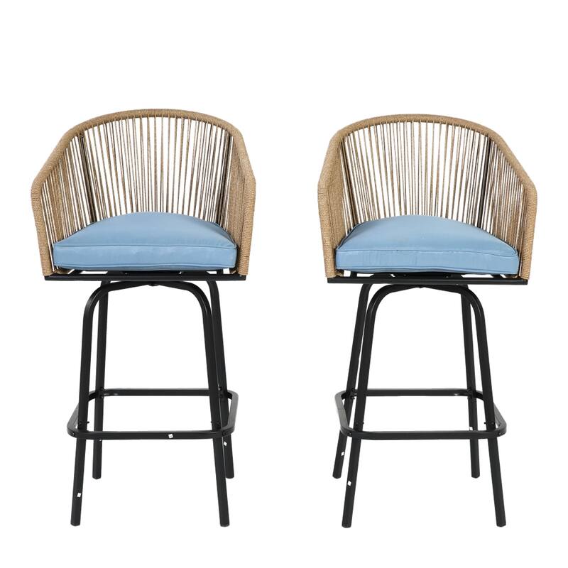 Outdoor Patio Bar Stools w/Armrest,All Weather Rattan Bar Chairs 2 PCS - Blue