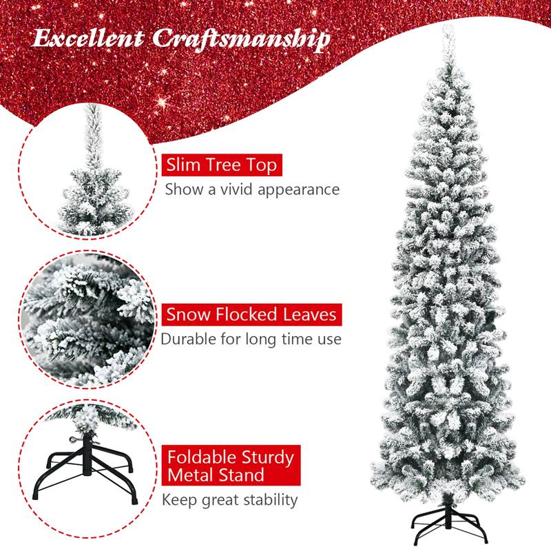 Gymax 7.5ft Snow Flocked Pencil Christmas Tree Artificial Pine Tree w/ - See Details