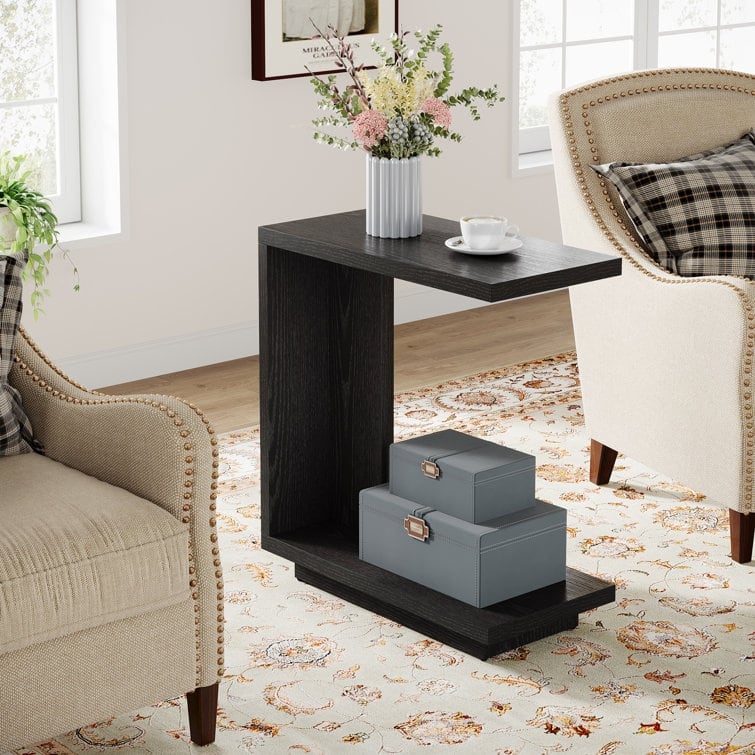 C-Shaped Side Table, 2-Tier Narrow End Table Wood Bedside Table