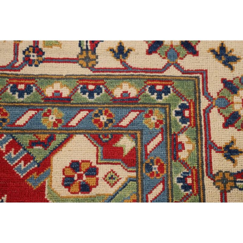 Geometric Red Kazak Area Rug Living Room Hand-Knotted Wool Carpet - 6'8" x 10'3"