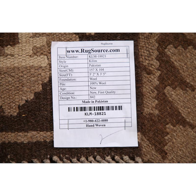 Brown Kilim Oriental Area Rug Hand-woven Reversible Wool Foyer Carpet - 3'5" x 5'2"