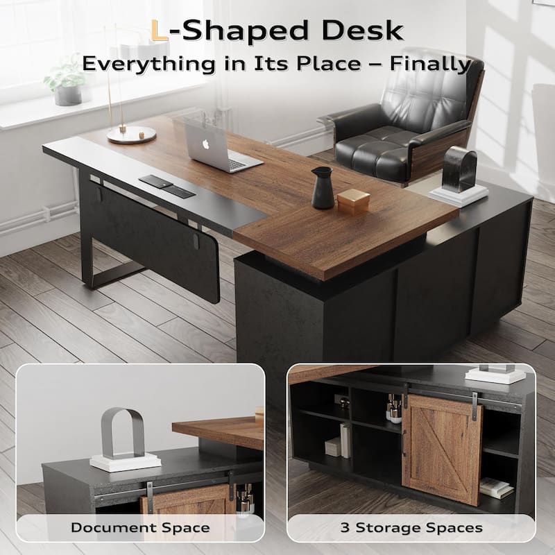 62.99" L-Shaped Executive Desk with Sliding Barn Door Storage Shelves Built-In USB Outlet