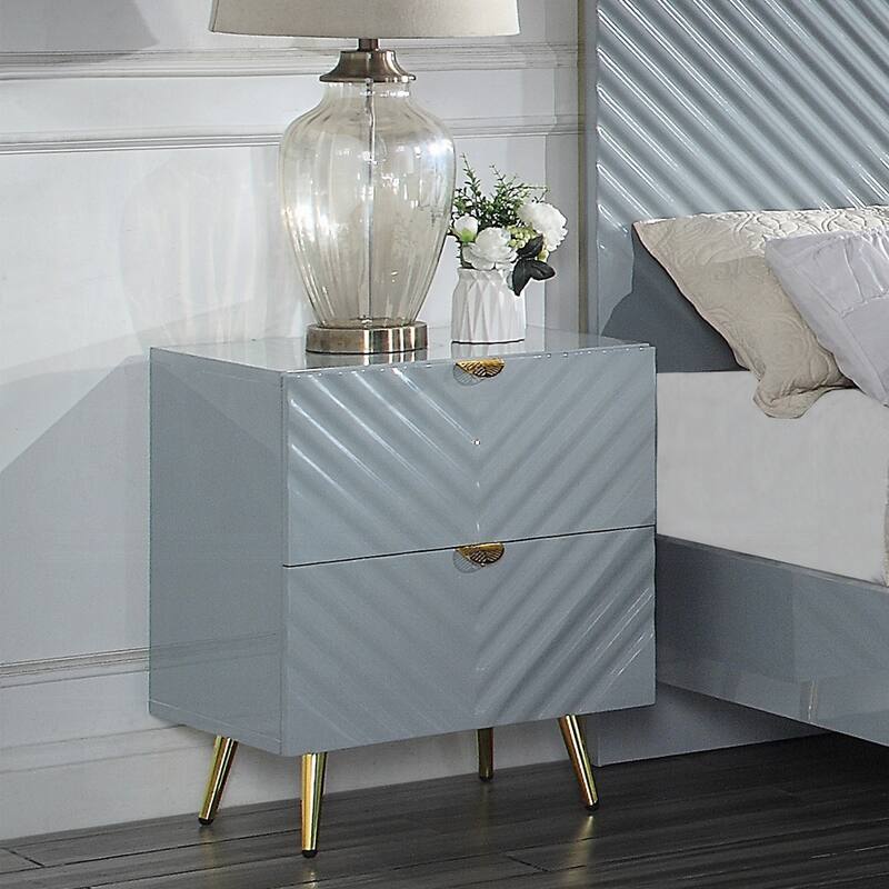 2 Drawers MDF Nightstand in Gray High Gloss Finish