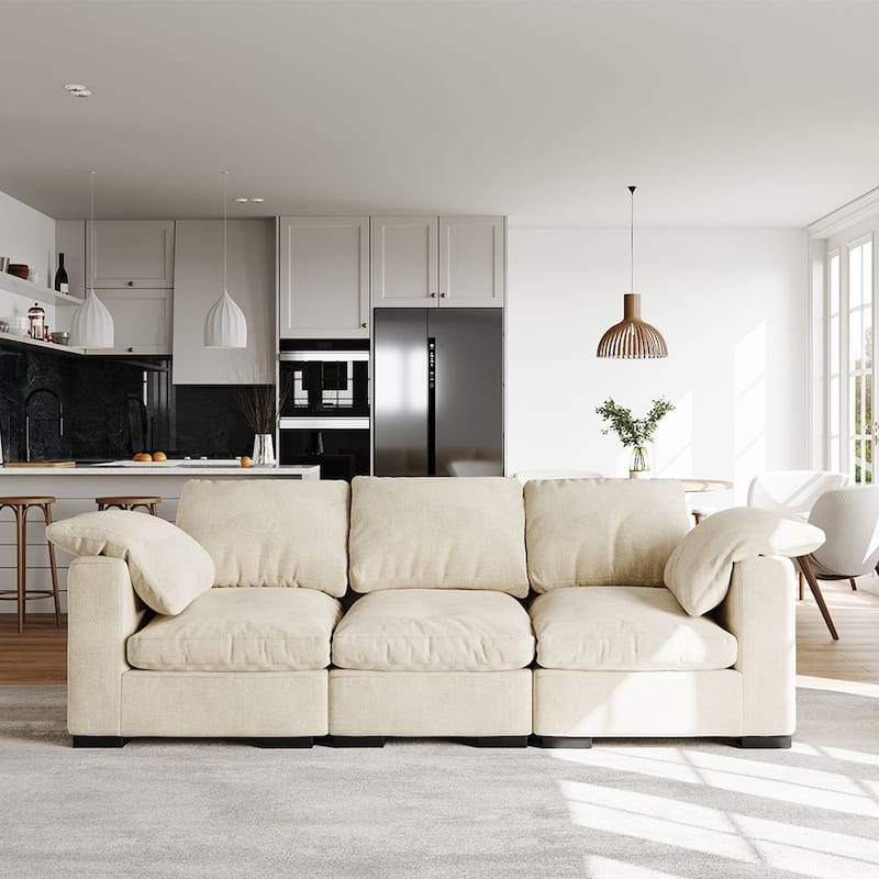 86.61'' Modern Farmhouse Deep 3-Seater Sofa, Track Arm Couch, Linen Fabric Sofa