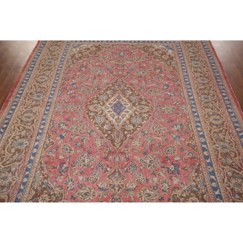 Distressed Pink Mashad Persian Vintage Rug Handmade Wool Carpet - 6'5"x 9'5"