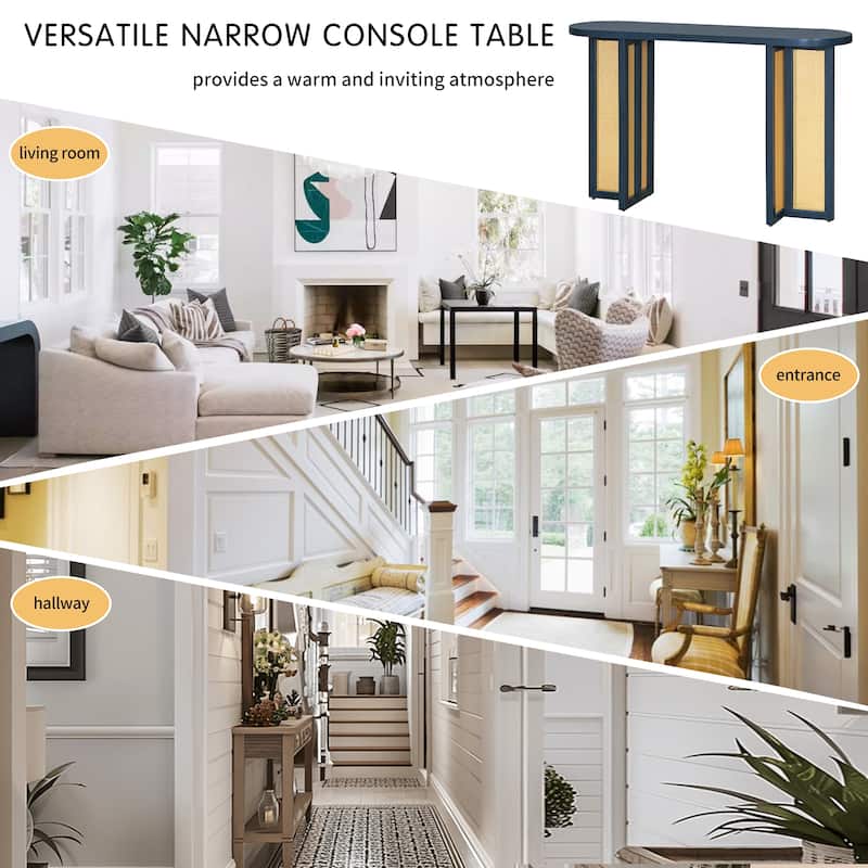 Boho Rattan Console Table, 47.8" Entryway Sofa Table with Oval Top, Narrow Hallway Table for Living Room, Entrance