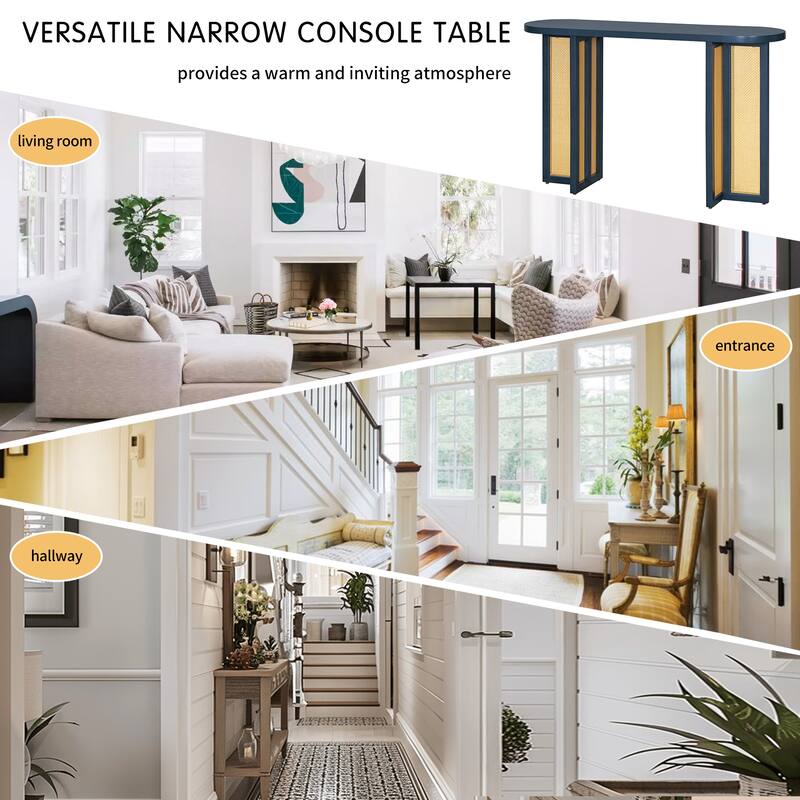 Farmhouse Rattan Console Table with Oval Top, Narrow Entryway Table Hallway Table Living Room Accent Table
