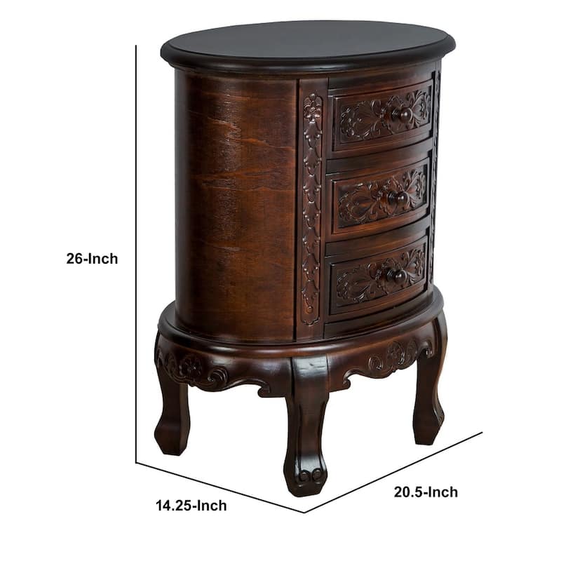 Wooden Chest with 3 Drawer and Scrolled Details, Dark Brown