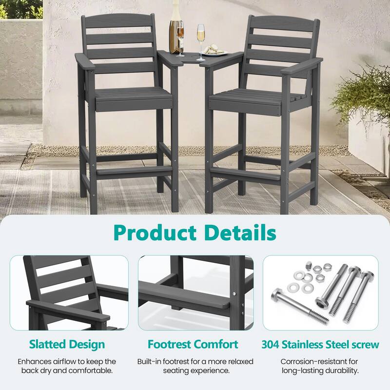 HDPE 2-Piece High Bar Stool Set with Umbrella-Compatible Connecting Panel