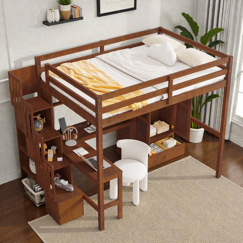 Full Size Wood Loft Bed with Desk, Wardrobe and Storage Staircase, USB Charging Station, Safety Guardrails