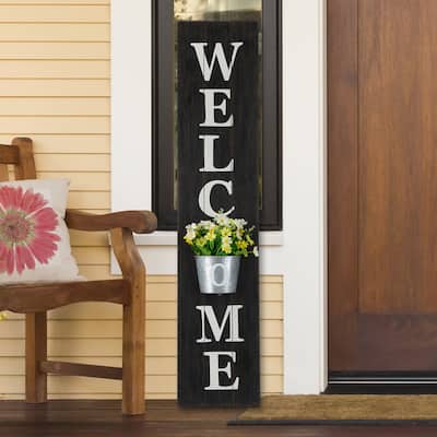 Glitzhome 42-inch Wooden Welcome Porch Sign Wall Decor with Metal Planter