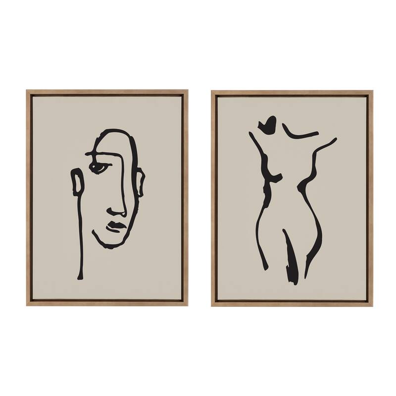 Kate and Laurel Sylvie Minimalist Neutral Line Art Drawing Face and Body Framed Canvas Art Set by The Creative Bunch Studio