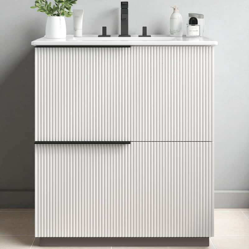 30" Bathroom Vanity with Ceramic Sink, Full-Extension Drawers, Soft-Close Undermount Slides, Fluted Design - White