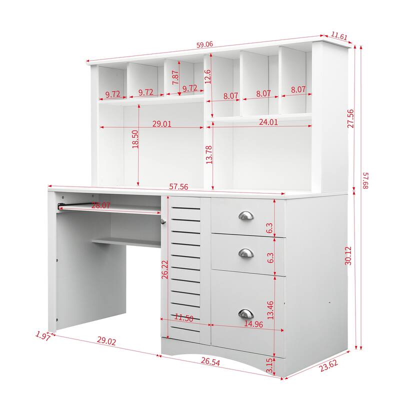Spacious Home Office Computer Desk with Hutch, 2-Tier Shelf & 3 Drawers