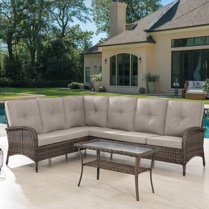 Outdoor Sectional Furniture Sofa Set with Coffee Table - Brown - Beige