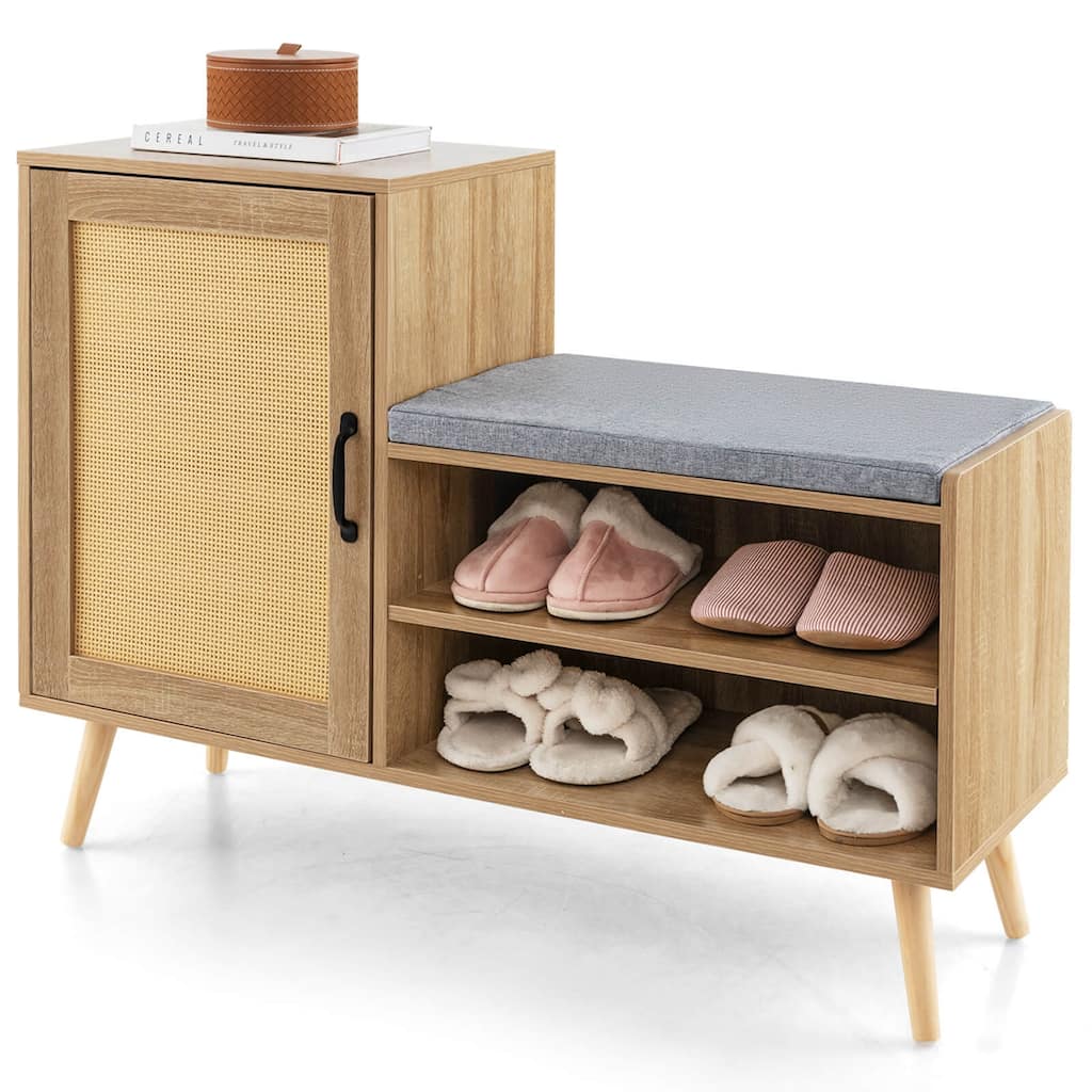 Costway 2-in-1 Rattan Shoe Cabinet with Bench 3 Adjustable Shelves & - See Details