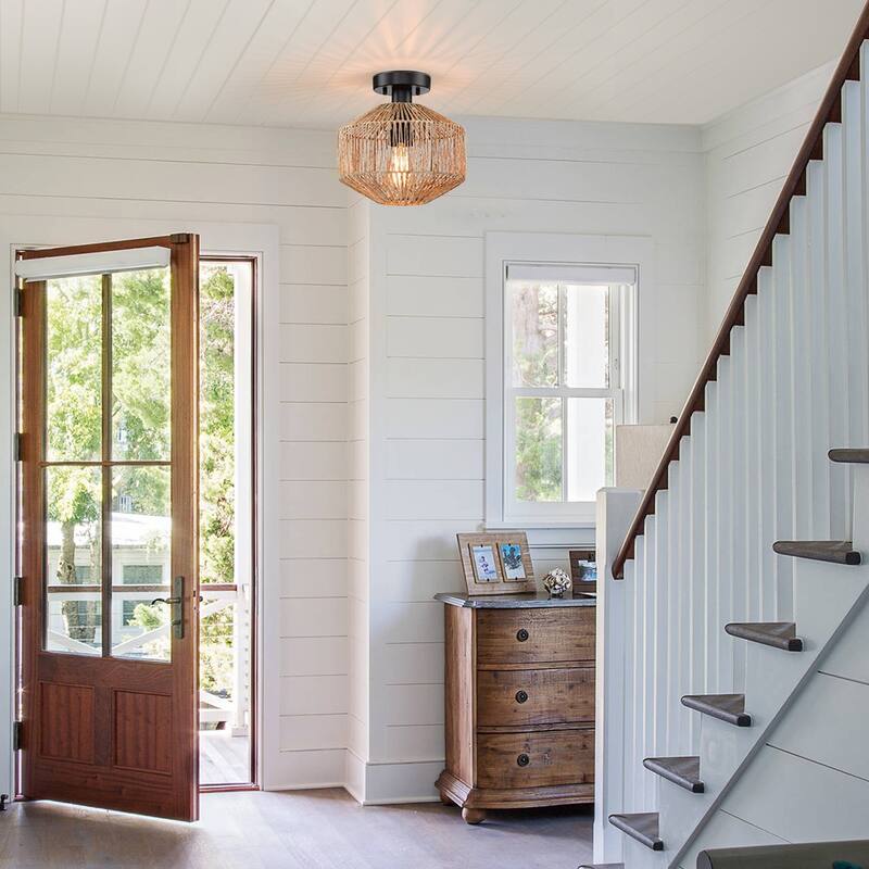 True Fine Bohemian Natural Jute Rope Semi Flush Mount Ceiling Light with Black Hardware