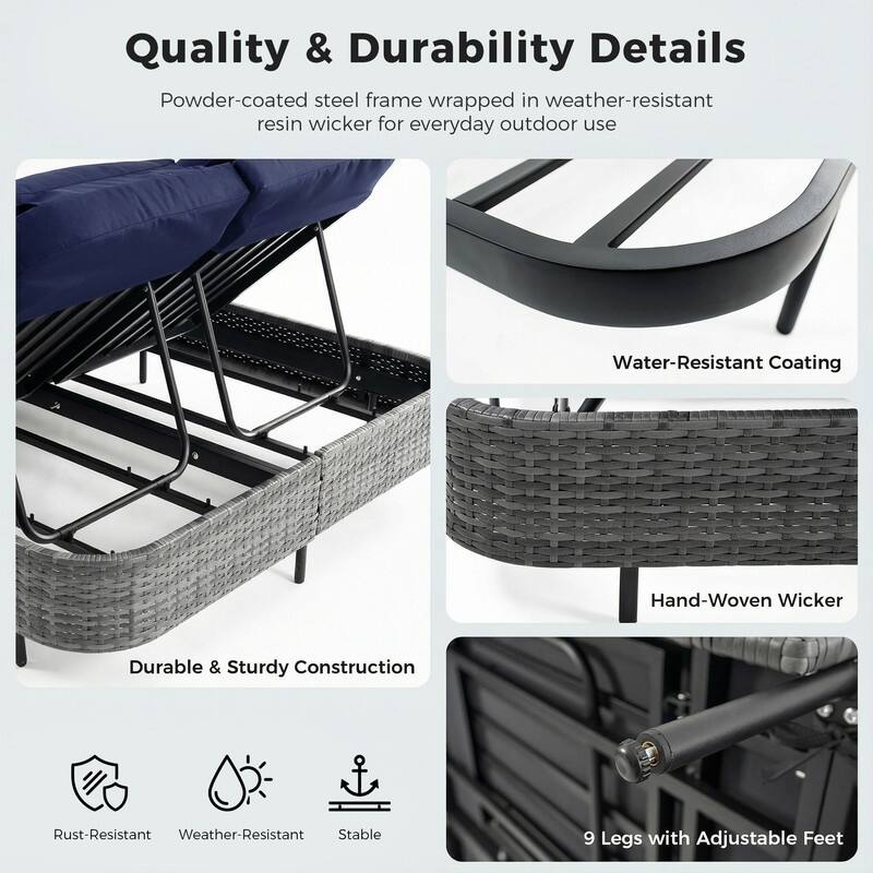 2-Person Outdoor Double Chaise Lounge, Wicker Patio Reclining Daybed with 6-Position Backrests, 4" Cushions, 800 lb Capacity