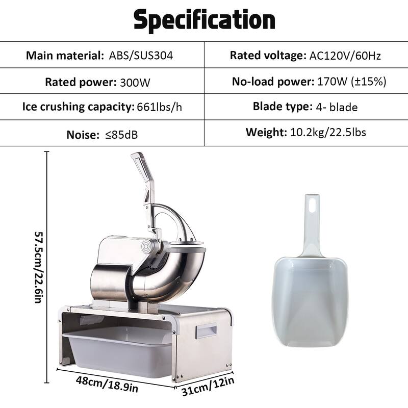 661LBS/H Commercial Ice Crusher, Electric Snow Cone Machine with 4 Blades, Stainless Steel Shaved Ice Machine