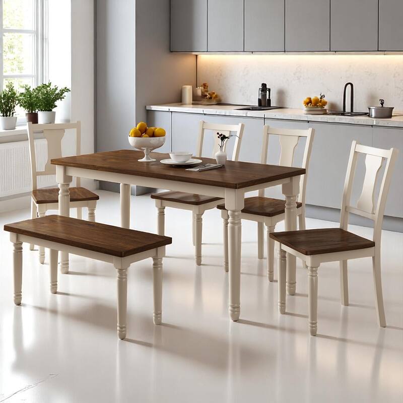 6-Piece Dining Set for 6, Wooden Table with 4 Chairs & Bench, Rustic Farmhouse Style for Kitchen and Dining Room - Brown+Cottage White