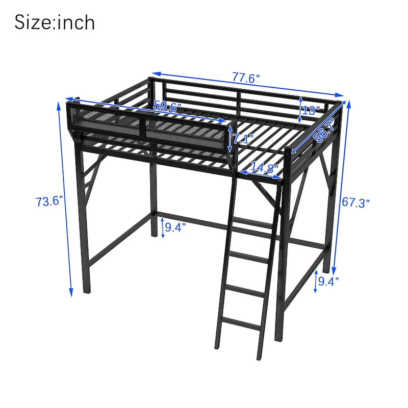 Full/Queen Size Metal Loft Bed with Storage Shelves, Guardrails, and Ladder, Space-Saving High Loft Bed for Kids and Teens