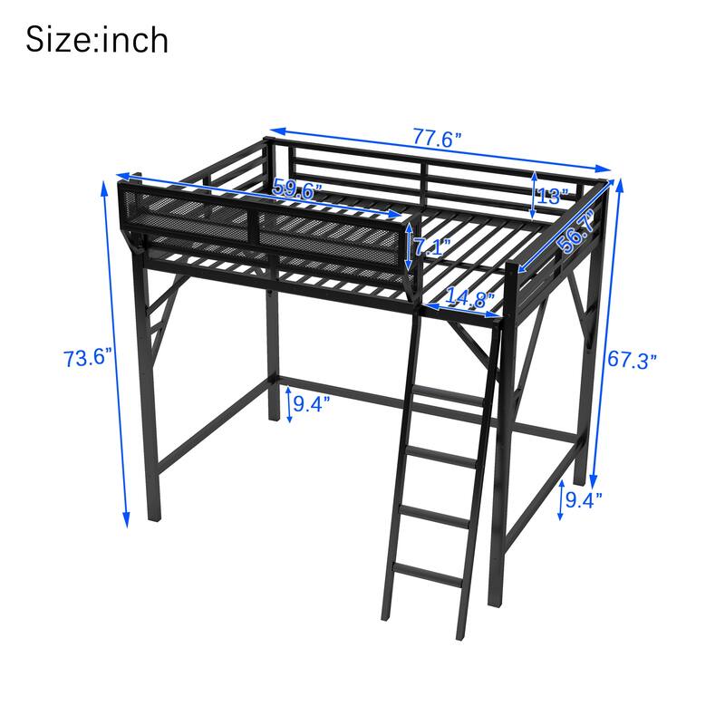 Heavy Duty Metal Loft Bed Frame with Guardrails and Storage Shelves