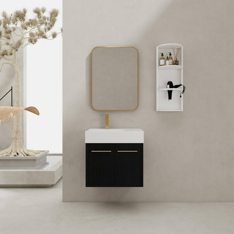 Wall mounted bathroom vanity with sink and storage shelf
