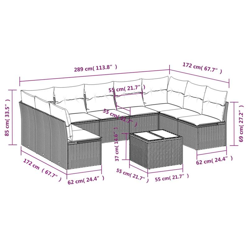vidaXL 10 Piece Patio Sofa Set with Cushions Black Poly Rattan - 179.0x27.2x46.1