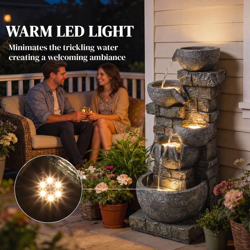 Outsunny Outdoor Water Fountain with Warm LED Lights, 31.5" Tall 5 Tiers Outdoor Cascading Water Feature