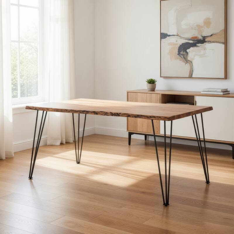 Wooden Dining Table with Live Edge Details and Metal Legs, Brown