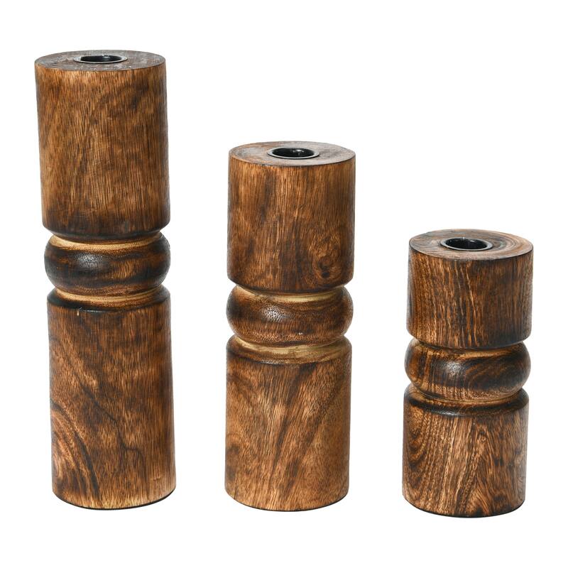 Wood Stack Taper Candle Holders - 7.5"L x 7.5"W x 9.8"H - Espresso