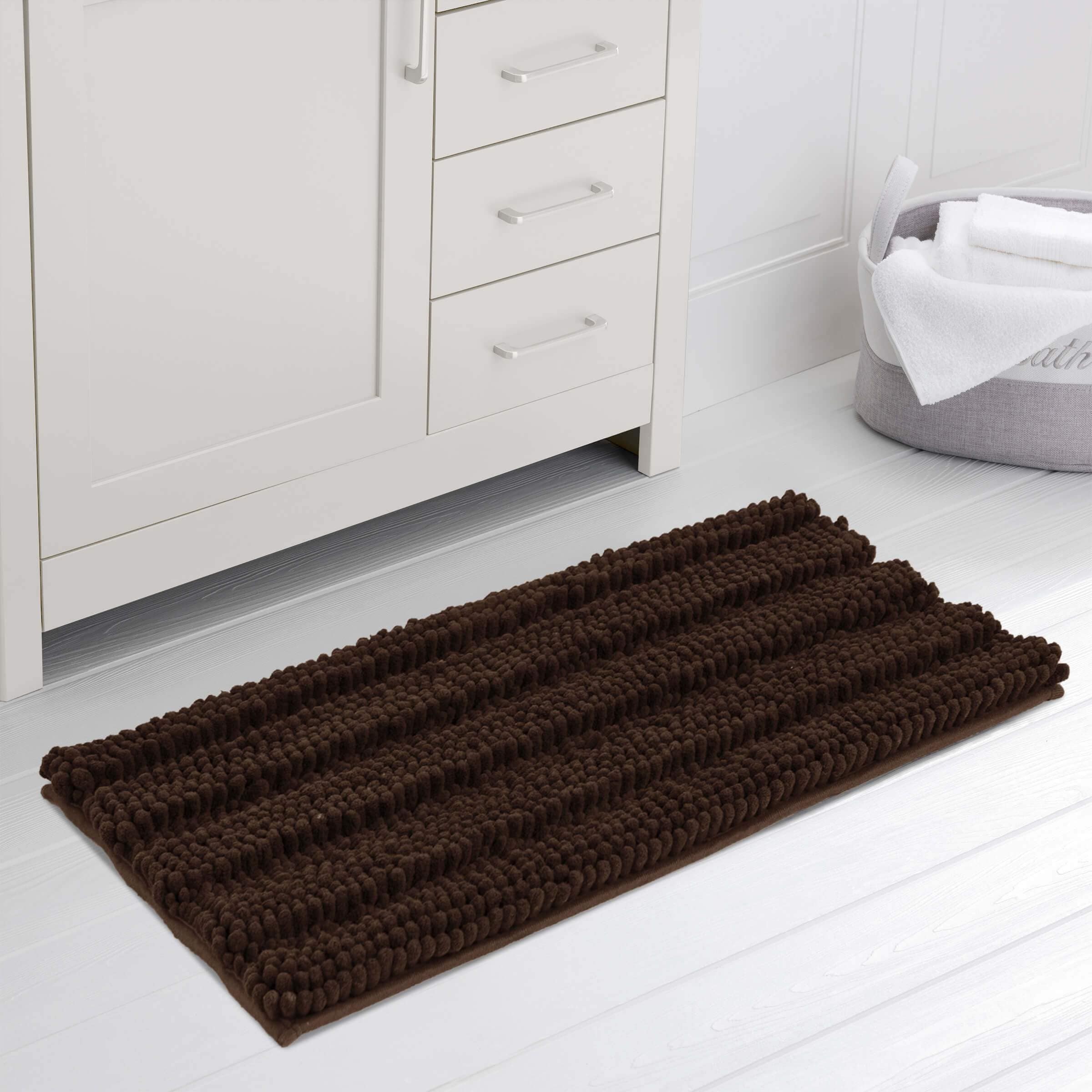 Subrtex Non-Slip Bathroom Rugs Chenille Soft Striped Plush Bath Mat (Taupe Brown, 18 inch x 48 inch)