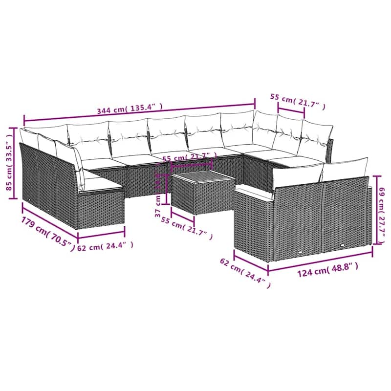 vidaXL 12/13 Piece Patio Sofa Set with Cushions Black/Gray Poly Rattan - 24.4 x 24.4 x 27.2