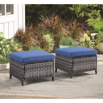 Outdoor Rattan Ottomans Wicker Ottomans with Blue Cushion (Set of 2)