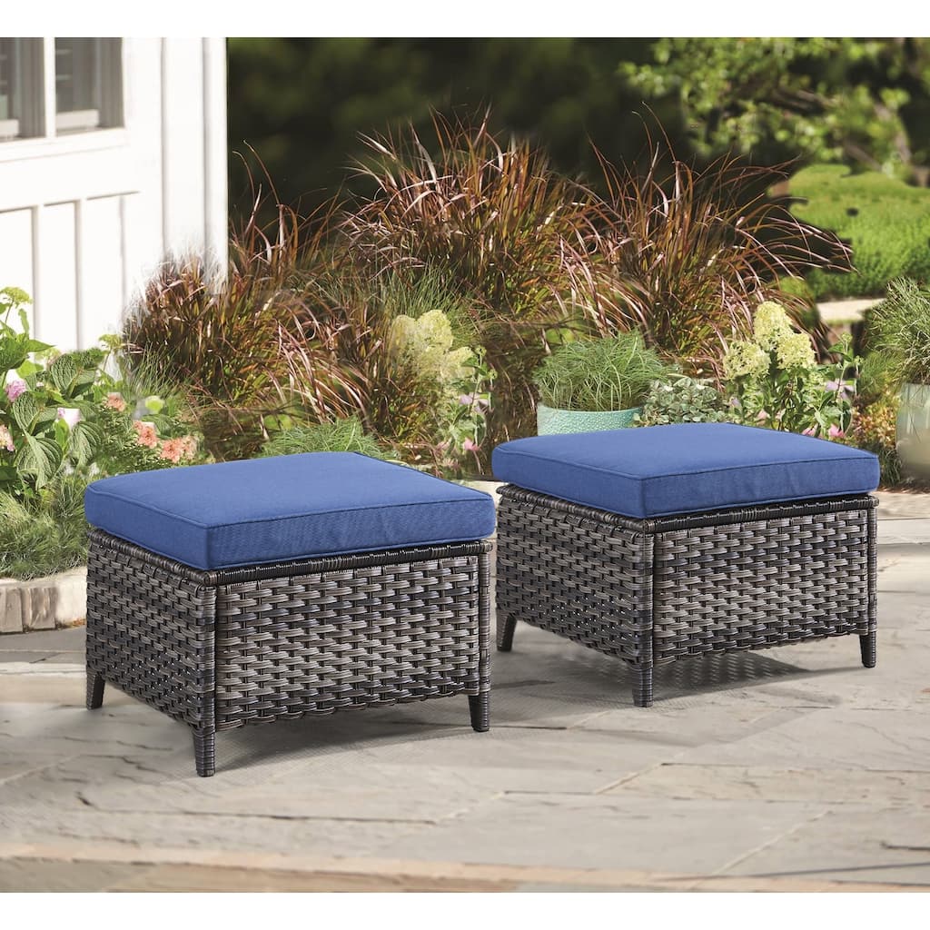 Outdoor Rattan Ottomans Wicker Ottomans with Blue Cushion (Set of 2)